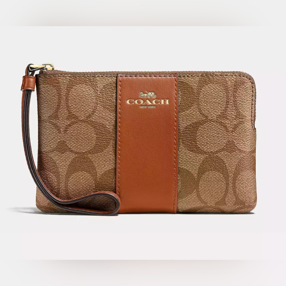 🆕 COACH Corner Zip Signature Wristlet Khaki/Saddle/Gold